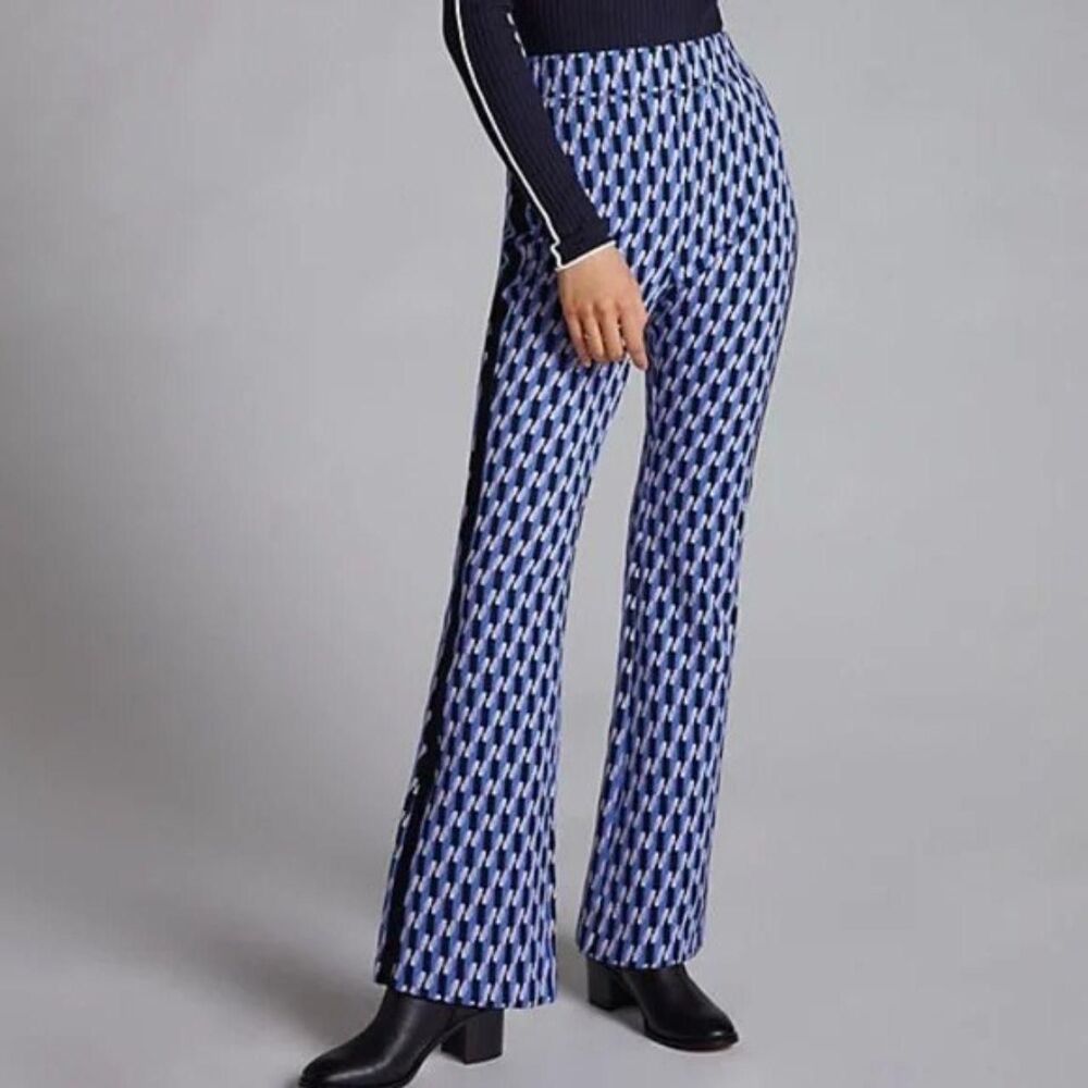 NWT Maeve by Anthropologie Ponte Flare Pants Blue Motif Print Small Petite Retro